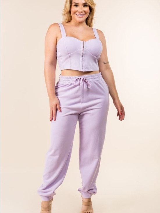 Pants - Lavender Two Piece Set-Bustier Crop Top and Jogger Loungewear Set- Plus Size